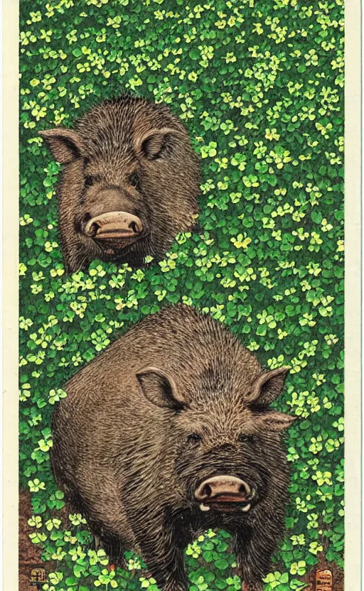 Prompt: by akio watanabe, manga art, a boar relaxing in a field of clovers, trading card front