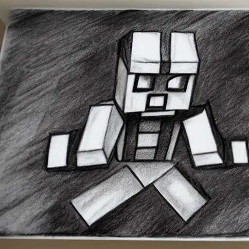 Prompt: minecraft horror evil, black and white charcoal sketch