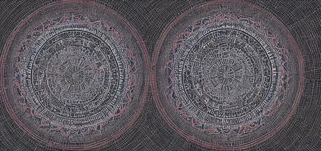 Prompt: isometric view of giant steel tricolored mandala disk cities floating above a hard-lit moonscape, embossed charcoal interiors follow a mandala pattern which inversely displays a detailed city with windows at night, wide angle ektachrome photo , f8 aperture