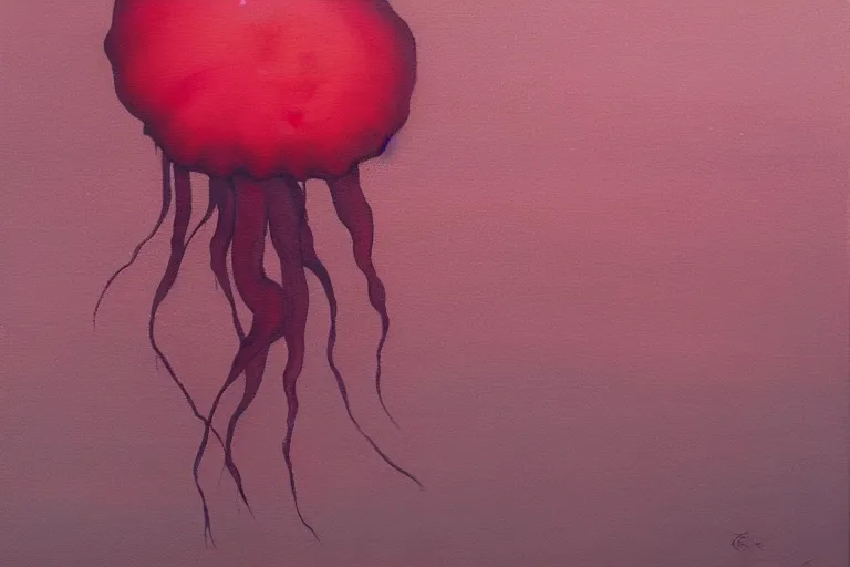 Image similar to painting of a red jellyfish in the deep sea alone, focus on pink jellyfish, dark background, arcylic,