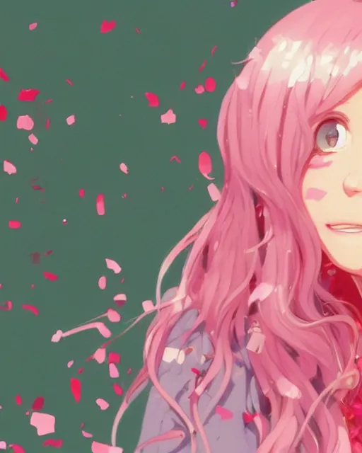 Image similar to happy teenage girl side face with pink curly pastel hair .Many single strips of hair floating in the air. Bright big eyes. Fine particles of red leaves.，cute, anime wallpaper，Sunlight on the face.by Krenz Cushart, Ian McQue, Ilya Kuvshinov, CloverWorks.vivid color.Shining highlights