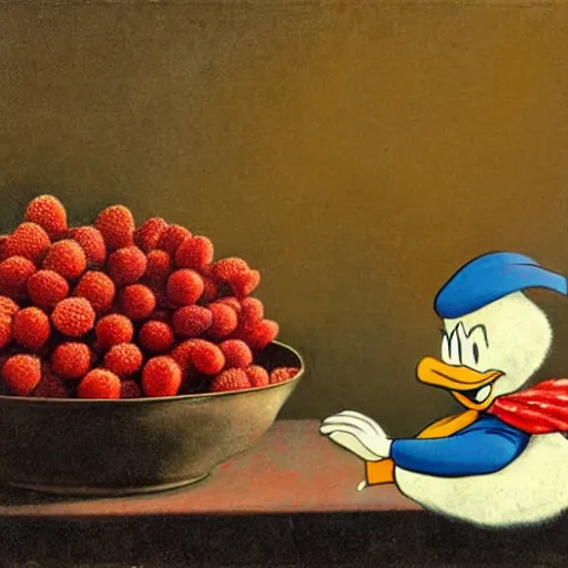 Prompt: donald duck and a donald trump character are sitting in front of a bowl of stawberries, drawing by rembrandt