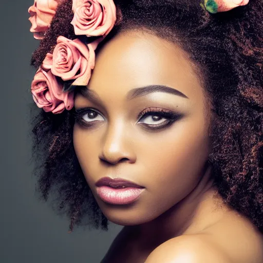 Prompt: Photo of a black woman, natural make-up, crown with roses, bold, self-confidence, cinematic focus