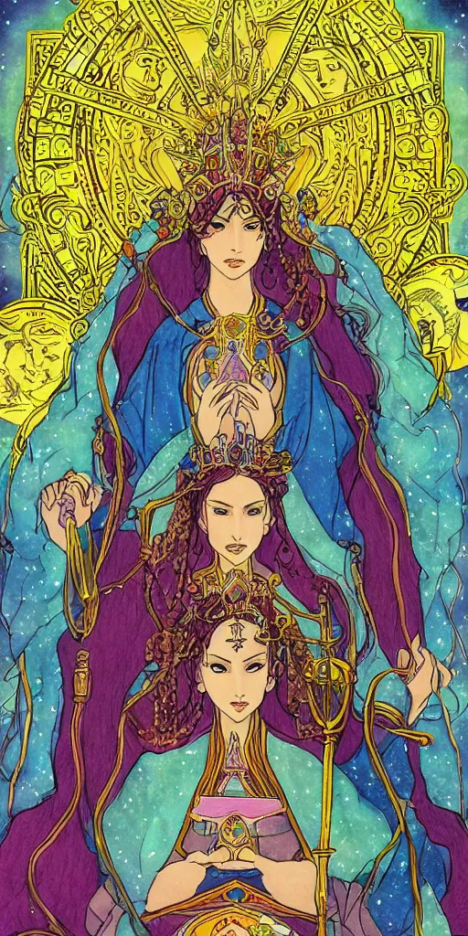 Image similar to a mystical woman priestess sitting on a throne, the divine feminine, drawn by studio UFOTABLE, psychedelic, fine line work, pastel colors, Tarot cards. The empress tarot card