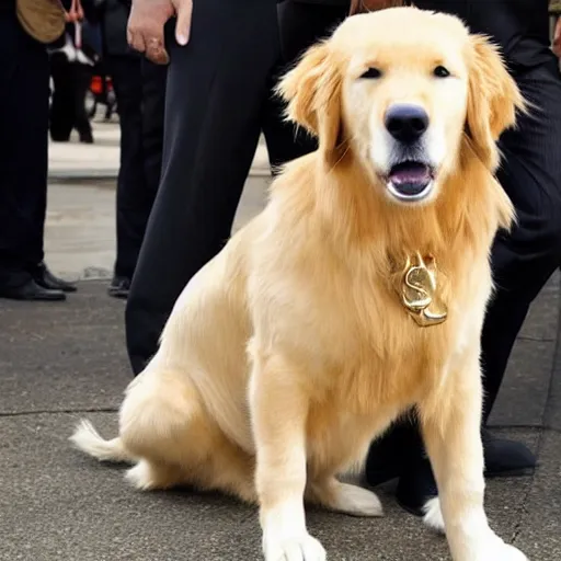 Prompt: a golden retriever that looks like tom cruise wearing a suit