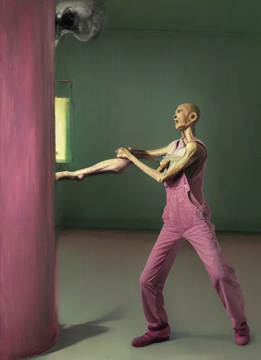 Image similar to an expressive skinny artist wearing overalls physically fighting with a ghost, inside a grand studio, depth of field, hauntingly surreal, highly detailed oil painting, by francis bacon, edward hopper, adrian ghenie, glenn brown, soft light 4 k, green and pink colour palette, cinematic composition, cinematic lighting, high quality octane render, masterpiece