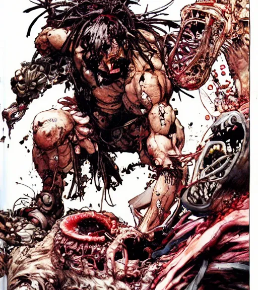 Prompt: a scene of a man being overtaken by a fungal parasite which continues to eat away at his innards and guts until he screams, comic book art, by yoji shinkawa and takehiko inoue and kim jung gi, masterpiece, perfect