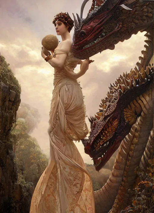 Image similar to a painting of a beautiful queen in fantastic dress next to a dragon, photorealistic painting by Jaime Jones, Tom Bagshaw,Lawrence Alma-Tadema,greg rutkowski,deviantart contest winner, fantasy art, daz3d,intricate,elegant,highly detailed,8k,digital painting,concept art, sharp focus, illustration,golden ratio