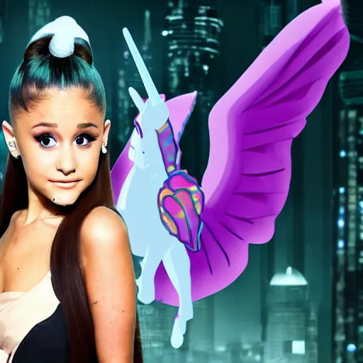 Image similar to ariana grande as a ceo flying a unicorn, cyberpunk, photography, realistic,