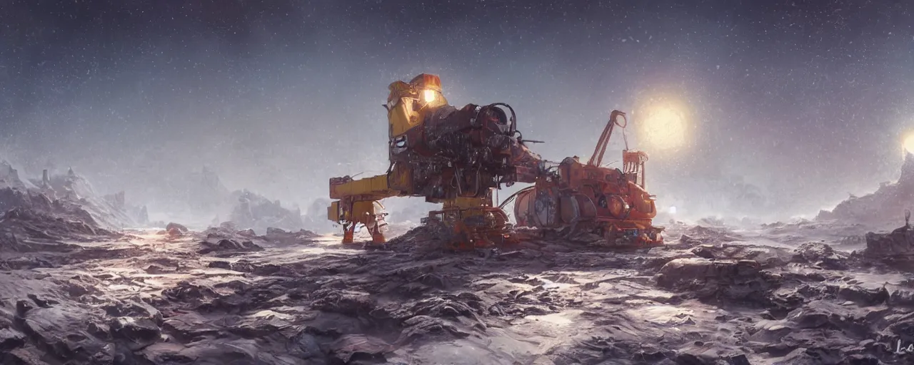 Image similar to outer planet covered with ice, steam shovel mining, art by paul lehr, cinematic, detailed, epic, widescreen, opening, establishing, matte painting, photorealistic, realistic textures, octane render