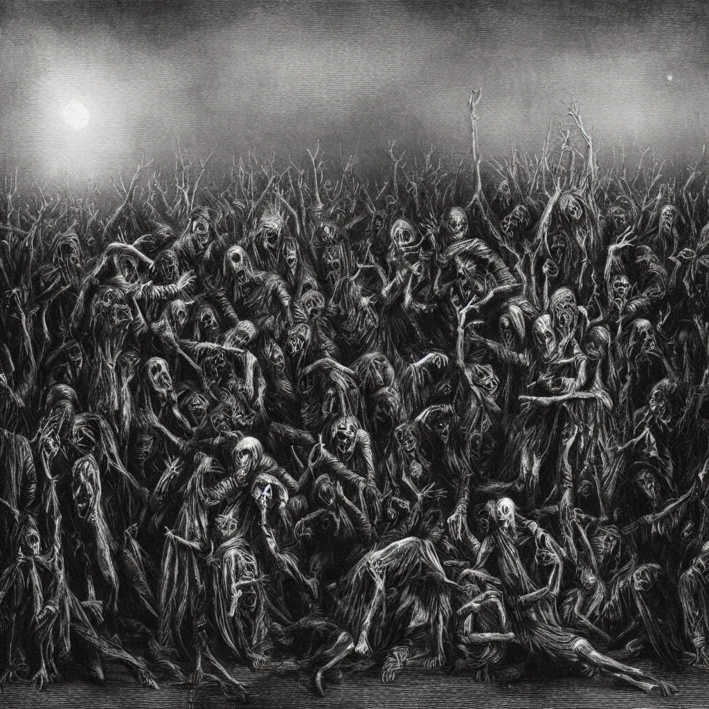 Image similar to night of the living dead, creepy atmosphere, dark, realistic, illustration by gustave dore