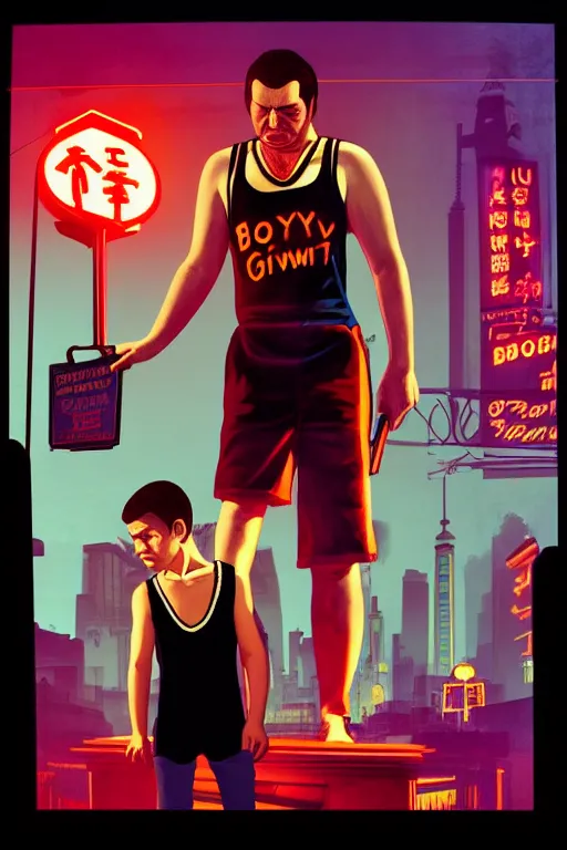 Prompt: boy with singlet and towel on shoulder. grand theft auto chinatown art city, bioshock art style pop art, no duplicate image, glowing lights, ultra details, digital painting, artstation, concept art, smooth, sharp focus, illustration, intecrate details, art by richard hamilton and mimmo rottela, pixels art by paul robertson