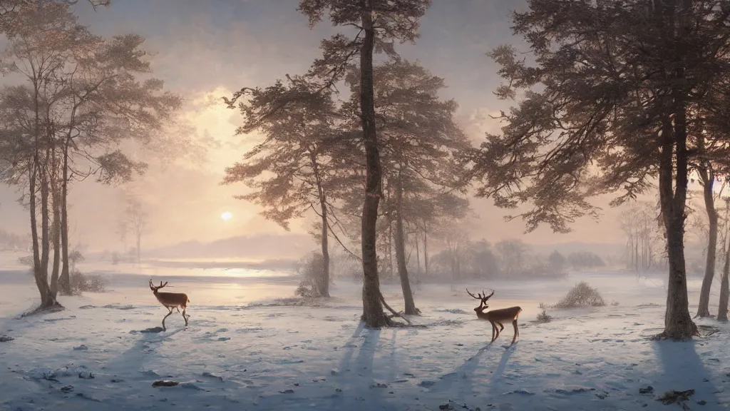 Image similar to the most beautiful panoramic landscape, oil painting, where a giant dreamy lake is frozen, the trees around have snow over their leafs, a majestic deer is exhaling steam and the ray lights of the sunrise are brightening him, by greg rutkowski