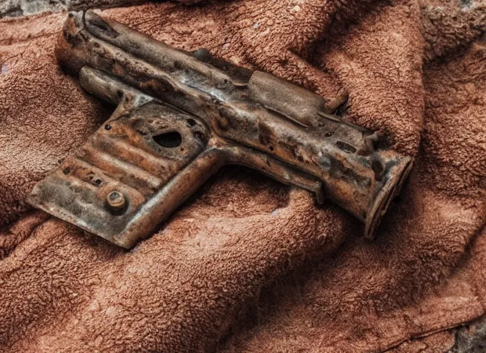 Prompt: An old rusty pistol on a towel, deeply rusted, water damage, detailed picture,