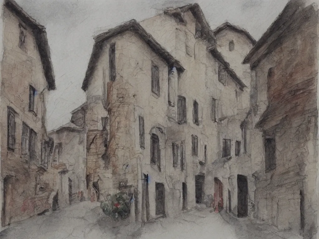 Prompt: a street in a old small village, pencil and watercolor, detailed