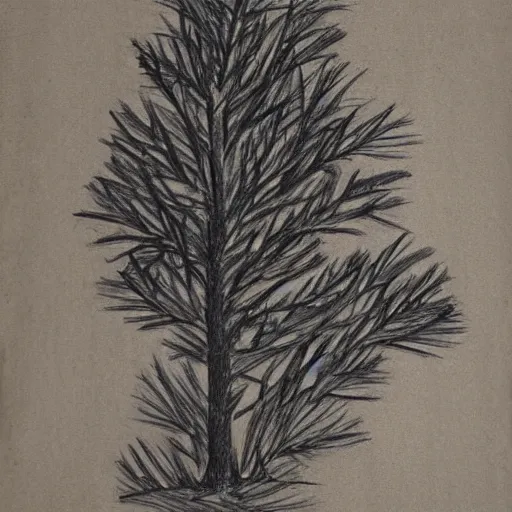 Prompt: line art of a pine tree, charcoal, on aged papyrus scroll