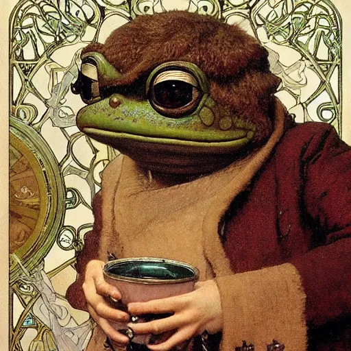 Prompt: realistic detailed face portrait of a pepe the frog drinking coffee by Alphonse Mucha and Norman Rockwell, Ayami Kojima, Yoshitaka Amano, Malcolm Liepke, Karol Bak, Greg Hildebrandt, Jean Delville, and Mark Brooks, Pre-Raphaelite, intricate fine details, exquisite, rich deep moody colors, beautiful detailed background