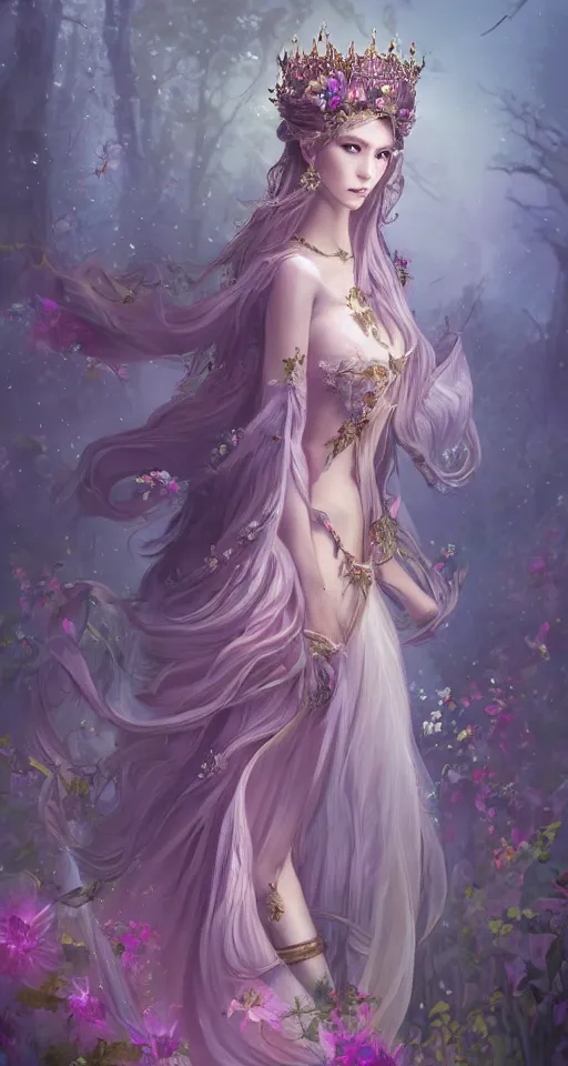 Image similar to A beautiful fantasy empress, full body, just one head, flower tiara, long hair, wearing dramatic aristocrat robe, delicate figure, field of fantasy flowers, foxes and deer, epic composition, ultra wide-shot, dynamic pose, concept art, beautifully lit, digital painting, smooth, character design, sharp focus, elegant, intricate, trending on artstation, by WLOP and James Jean and Victo Ngai