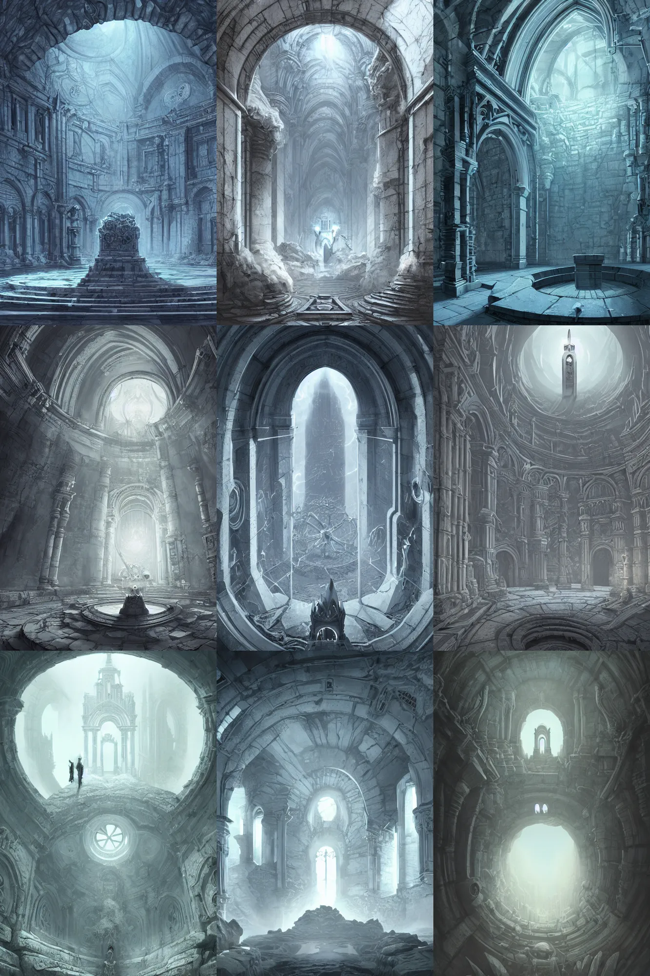 Prompt: cryptopunk, old gothic crypt, white marble walls, a round portal to another world in the center, white smoke, epic scenery, dramatic white and blue lighting, detailed illustration, digital art, overdetailed art, concept art, detailed illustration, hd, 4k, digital art, Zdzisław beksinski, trending on artstation
