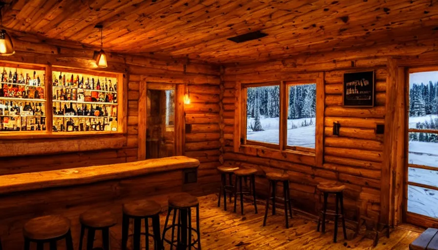 Prompt: empty cozy bar in small cabin, warm, outside winter landscape