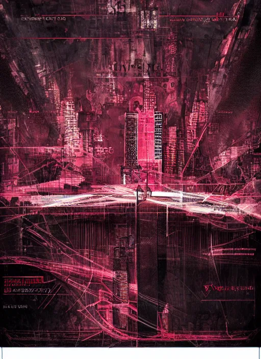 Image similar to dark design poster showing a majestic roman city, black background with very subtle red and purple design elements, powerful, nekro, vito acconci, thin straight lines, dark, glitch art, neo vaporwave, gritty, layout frame, square, trending on artstation