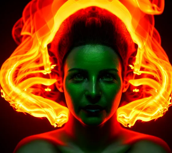 Prompt: portrait of a woman with horns made of flames and glowing green eyes, in the wisps of thick smoke, looking into the camera, studio photography, studio lighting, realistic render, octane render, 4 k, 8 k, face in focus