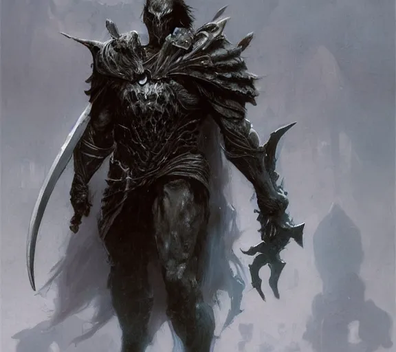 Image similar to corvus glaive concept, beksinski, age of sigma art, frank franzetta, ruan jia, dark soul armor concept, trending on artstation, wayne barlowe, adrian smith fantasy art, elden ring art, the hobbit art, lord of the ring art, infinity blade armor