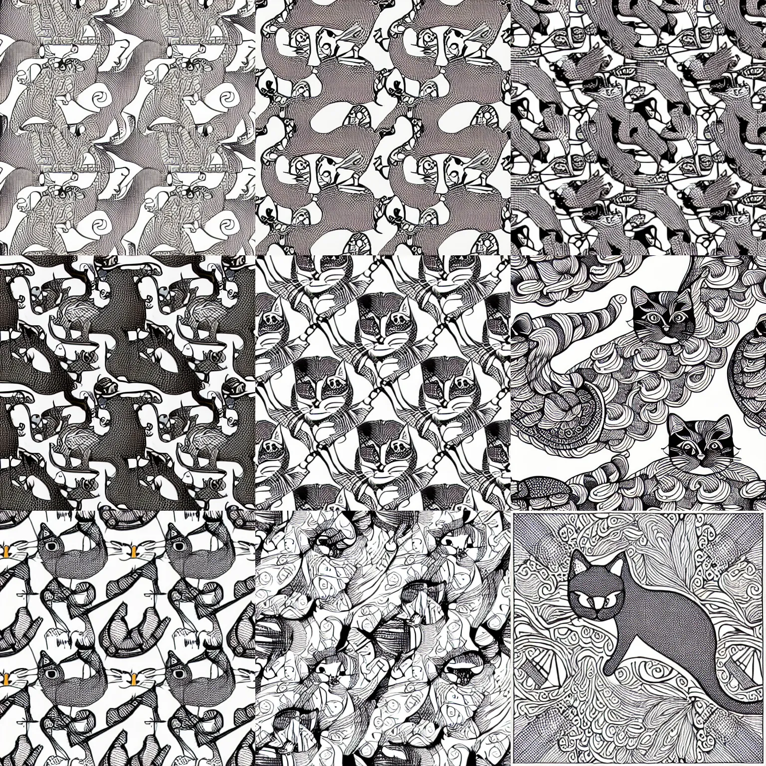 Prompt: seamless cat and bird pattern, pen and ink, intricate, by escher