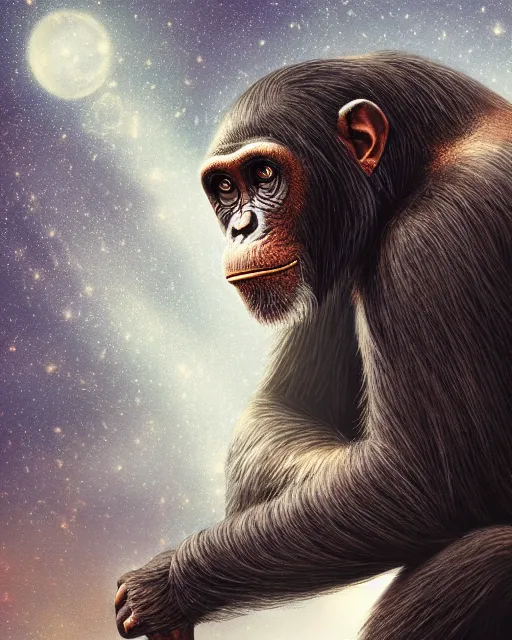 Prompt: very detailed high resolution illustration of a chimpanzee wearing fantasy armor, backlit, stars, night, surrounded, 3 d, 8 k, extremely detailed, artstation, award winning