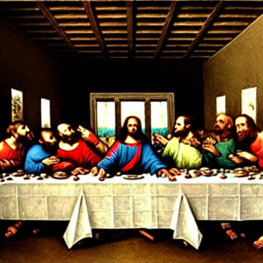 Image similar to the cast of What we do in the shadows in the painting of the last supper by leonard da vinci