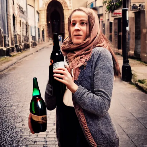 Image similar to photograph of woman holding a bottle in street, kodak, 4 k, realistic intricate detail, hyper detail, woman very tired, full body potrait holding bottle, hazel green eyes, realistic, highlydetailed, natural, masterpiece, sharp focus,