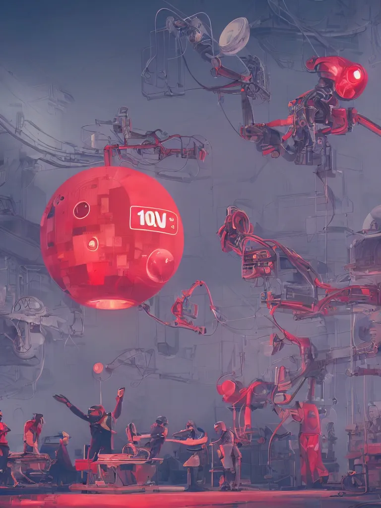 Prompt: graphic art of dystopian futuristic 1 0 mechanic surgeons in space suits, operate on a huge mickeymouse! severedhead!!!! held by a crane. ominous glowing red netflix!!! sign in the background, trending on art station, beeple!!, clean concept art, smooth, octane render