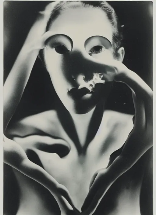 Image similar to female head in a aquarium, lights caustic, tropical fish, surreal photography by Man Ray and Salavdor Dalì