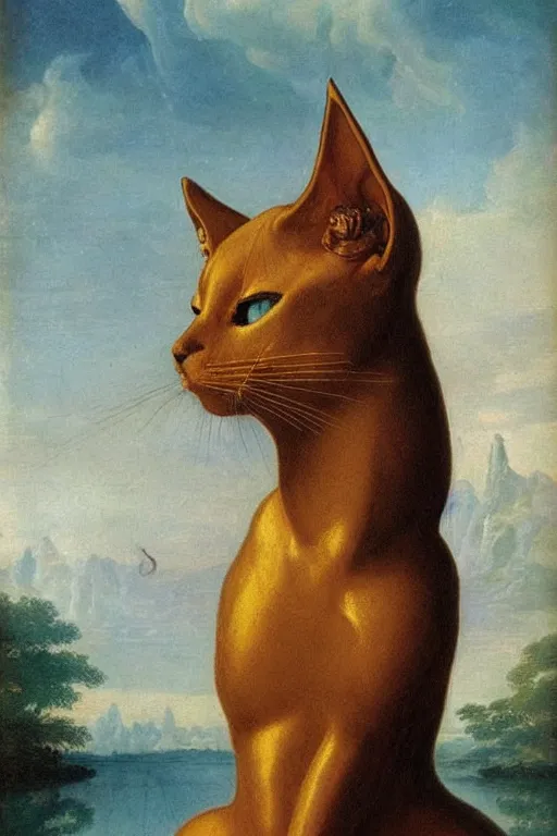 Prompt: Baroque painting of Bastet in a lake, inspired by Gustav Moreau and Wayne Barlowe, exquisite detail, hyper realism, ornate, exquisite detail, cute face