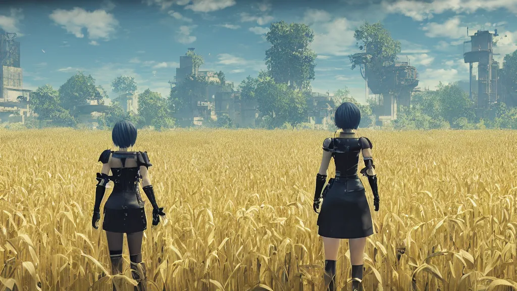 Image similar to Screenshot from Nier Automata in a beautiful countryside corn field