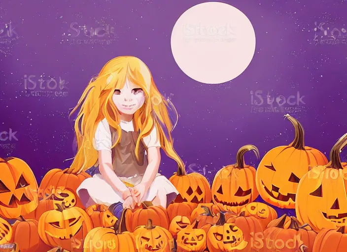 Image similar to little girl with long golden blonde hair sitting on a pile of halloween pumpkins and skulls. clean cel shaded vector art. behance hd by lois van baarle, artgerm, helen huang, by makoto shinkai and ilya kuvshinov, rossdraws, illustration, art by ilya kuvshinov