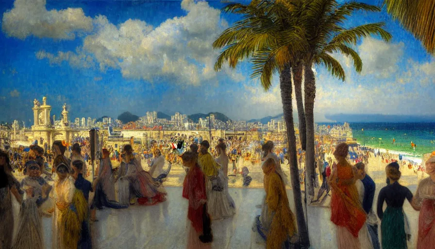 Image similar to a ultradetailed beautiful painting of the thunderstorm sky of the rio de janeiro palace balustrade designed by jules bastien - lepage, tarsila do amaral, frank weston and gustave baumann, beach, trending on artstation, mediterranean, palm trees, sharp focus, colorful refracted sparkles and lines, soft light, 8 k 4 k