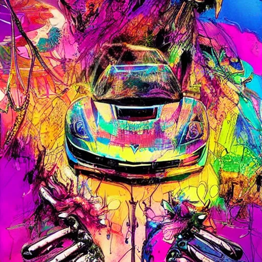 Prompt: psychedelic corvette illustrations by ralph steadman and bill sienkiewicz and carne griffiths