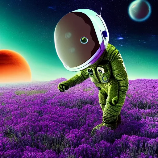 Image similar to lonely astronaut in alien planet filled with plants, with beautiful purple sky, realistic, 4 k, ultra hd