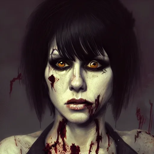 Image similar to portrait of young joan jett as a zombie with cuts on face, 7 days to die zombie, fine art, award winning, intricate, elegant, sharp focus, cinematic lighting, highly detailed, digital painting, 8 k concept art, art by guweiz and z. w. gu, masterpiece, trending on artstation, 8 k