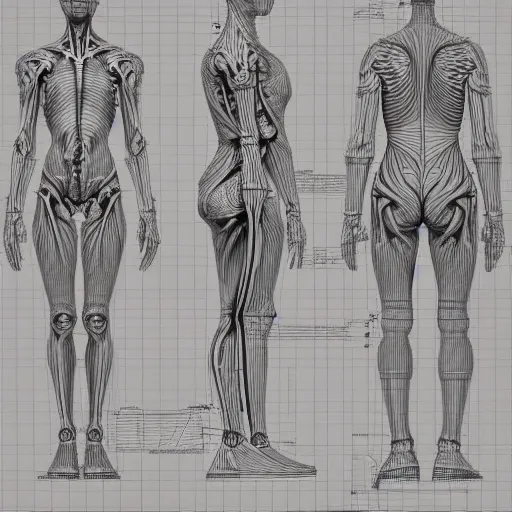 Prompt: concept of a detailed and intricate design of a full body of human anatomy, 3d design, great finesse organic hyper detailed, engineering blueprints, technical drawings, calculus, stained paper, hyperrealistic, ultra detailed, 4K, octane render, unreal engine