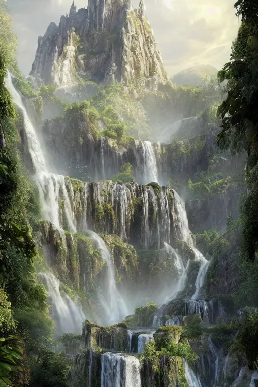 Image similar to low angle shot of a beautiful elven castle made of silver, huge waterfalls, lovely valley, by James Gurney, by Greg Rutkowski, concept art, volumetric lighting, intricate, vivid colors, octane render, trending on artstation, 8k