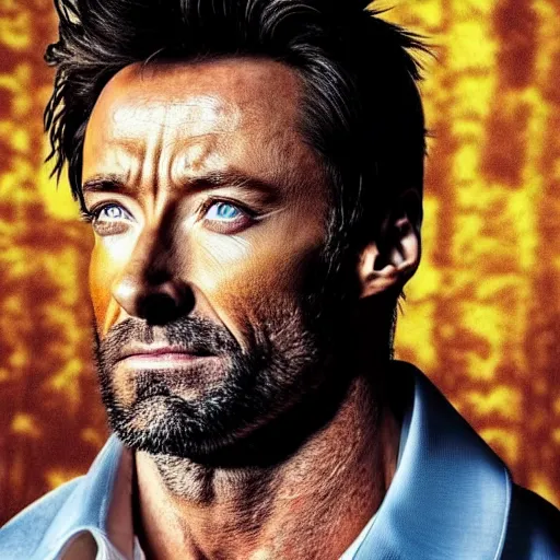 Prompt: a head and shoulders photograph of Hugh Jackman as a Zombie Wolverine Butcher, golden hour