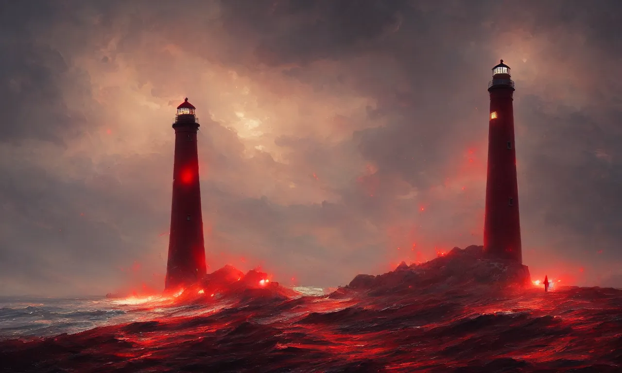 Image similar to a beautiful painting of a lighthouse seen at a distance shining it's light across a violent tumultuous sea of red blood by john blanche and greg rutkowski, trending on artstation, midjourney