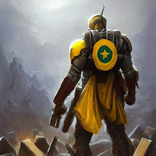 Prompt: a distant full body shot from behind of a super soldier with a yellow and blue flag on his shoulders standing on a pile of skulls in triumph after battle, western, D&D, fantasy, intricate, elegant, highly detailed, digital painting, artstation, concept art, matte, sharp focus, symmetrical, illustration, art by Artgerm and Greg Rutkowski and Alphonse Mucha