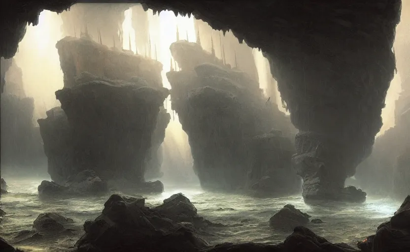 Image similar to A galleon ship, three masts, in a cave. Underexposed, dark. Atmospheric matte painting by Darek Zabrocki and Christophe Vacher