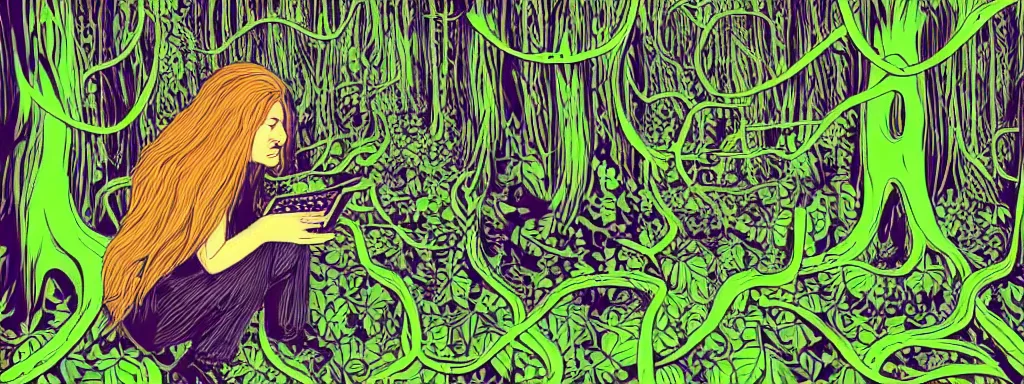 Image similar to a grunge technogaianist long-haired blonde digital musician playing modular synthesizer in the forest, technology and nature swirling in harmony, plugging vines into the synthesizer, trees swaying to the beat, postmodern surrealist concert poster, grainy poster art, hand drawn matte painting by Tara McPherson and Gary Houston, smooth, sharp focus, extremely detailed, 35mm.