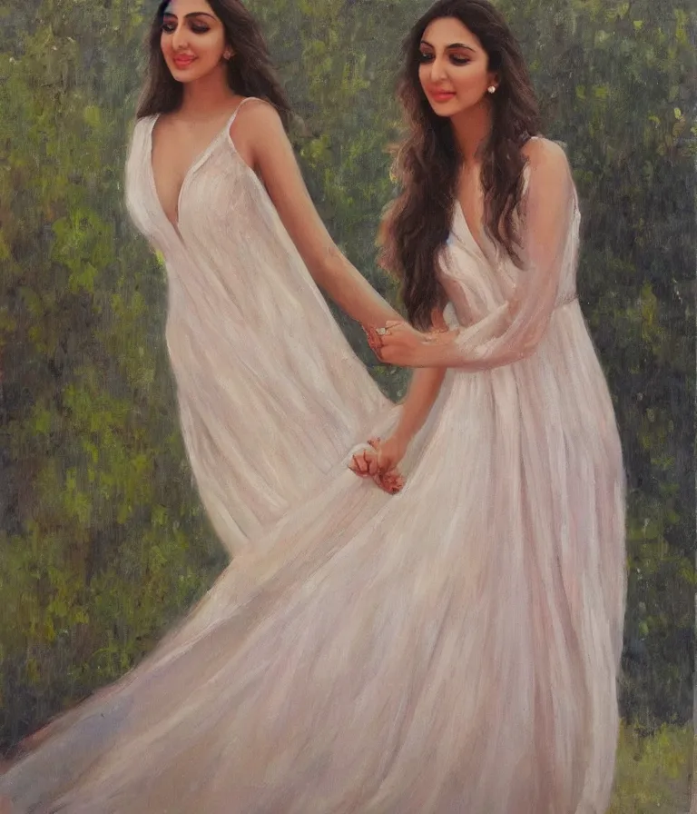 Prompt: Kiara Advani in V-neck dress. history painting, dusk, flowy dress Kiara Advani, artstation, oil on canvas, by Albert Aublet, Private Collection