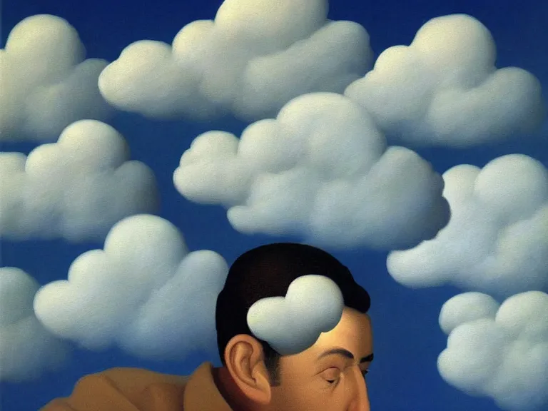 Image similar to man hidden behind cloud, painting by rene magritte, high detail, high resolution