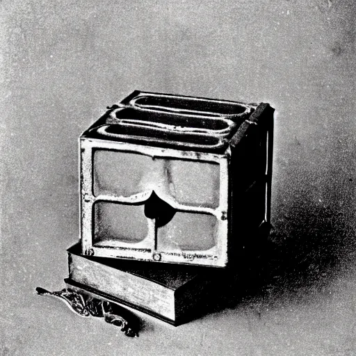 Image similar to 1 8 8 5 photo of a riveted companion!! cube!! from portal 2, cute heart, daguerrotype, high quality